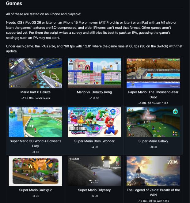 nxnative Games page listing iPhone-tested Switch titles including Mario Kart 8 Deluxe and Breath of the Wild (image: Andrew Tsai, via TweakTown)