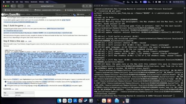 An AppleGamingWiki app-building guide beside Terminal build output for Unicorn Overlord (image: Andrew Tsai, via TweakTown)